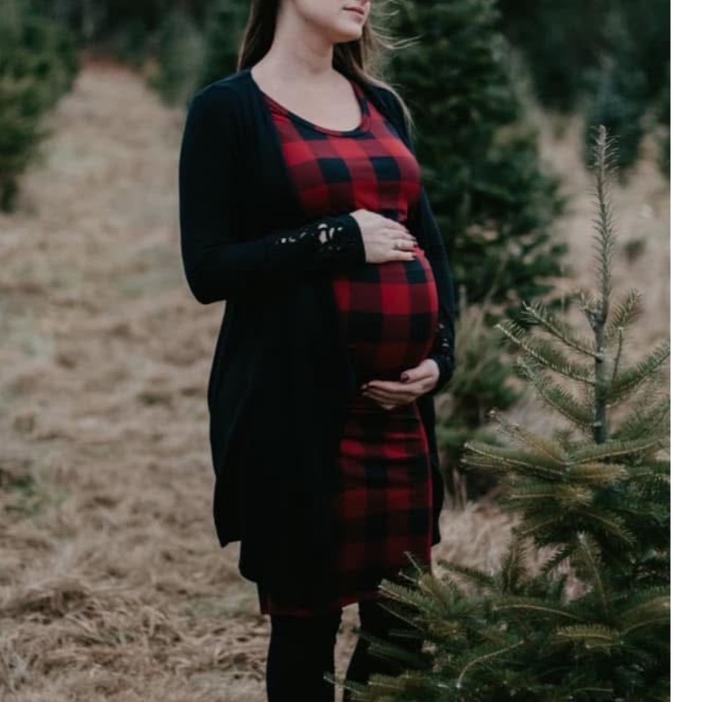 Maternity Buffalo Plaid Ruched Bodycon Dress Red Black 3/4 Sleeve Medium